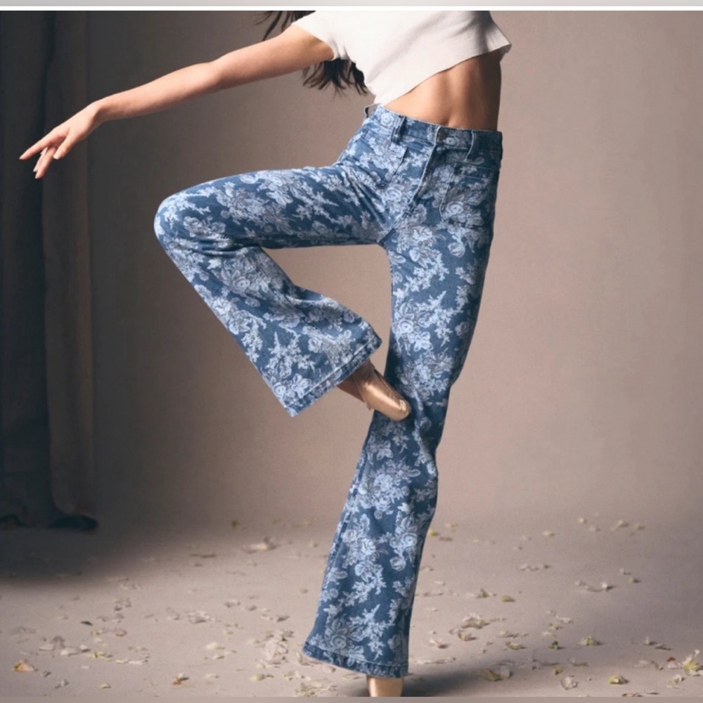 Gap X Love Shack Fancy 70s High Rise Flare Floral Novelty BoHo Denim Jeans 30